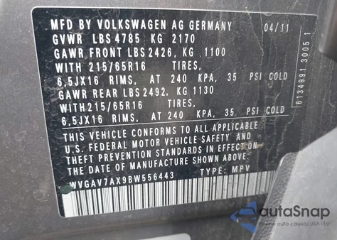 2011 Volkswagen Tiguan S from USA, damaged, VIN WVGAV7AX9BW556443